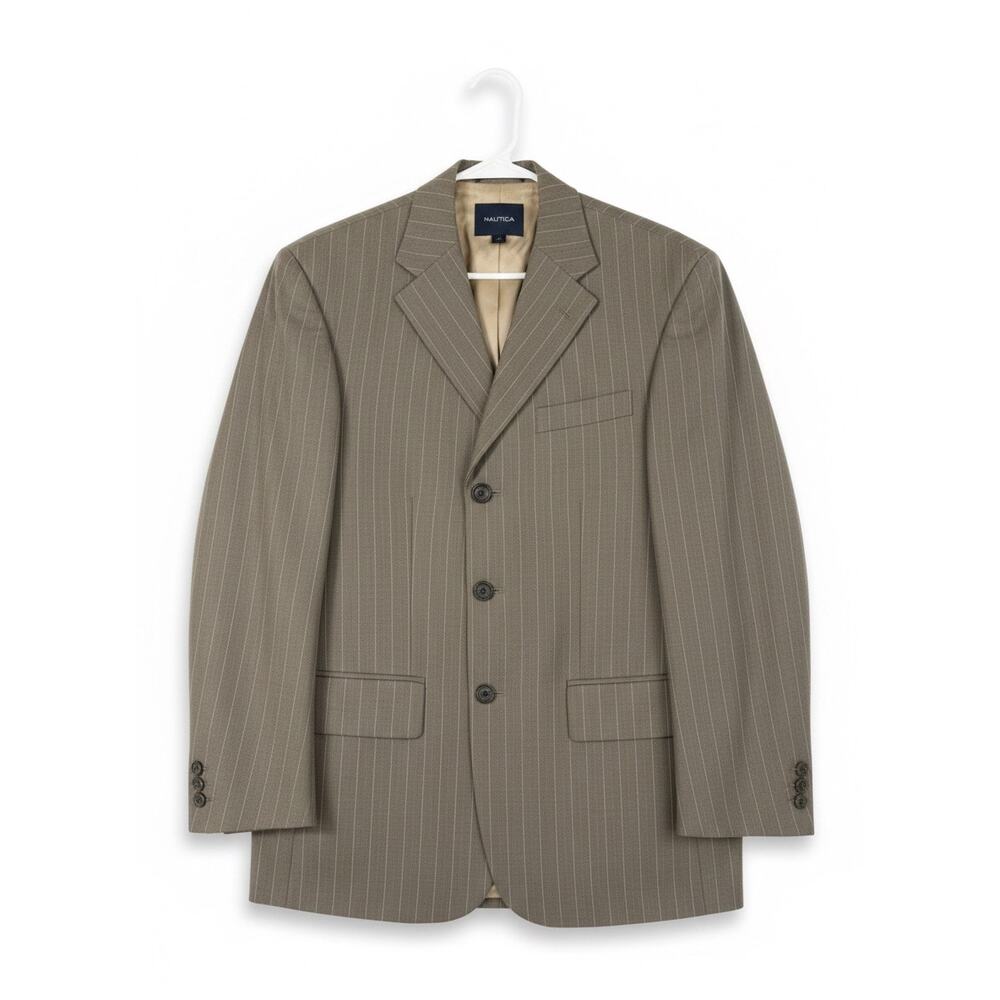 Nautica 100% Wool Pinstripe Suit - 38S Jacket / 32W Pants - Khaki Beige India